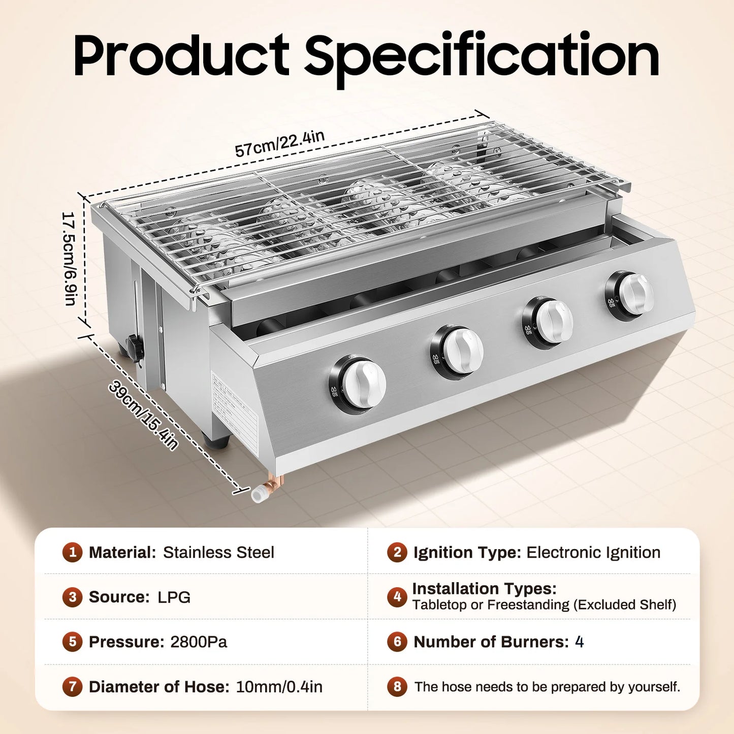 4 Burners Propane Grill Stainless Steel Smokeless Portable