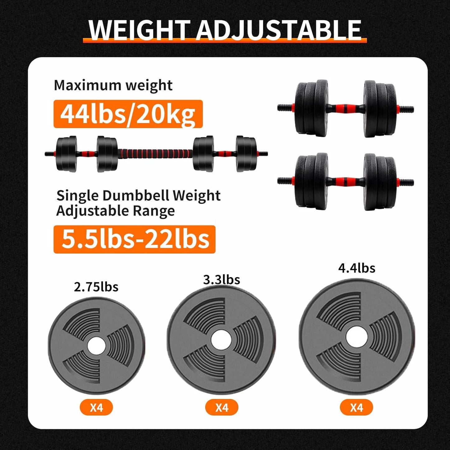 5-44lbs Adjustable Dumbbell, Barbell Anti-Slip Grip