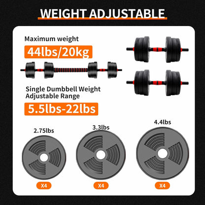 5-44lbs Adjustable Dumbbell, Barbell Anti-Slip Grip