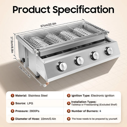 4 Burners Propane Grill Stainless Steel Smokeless Portable